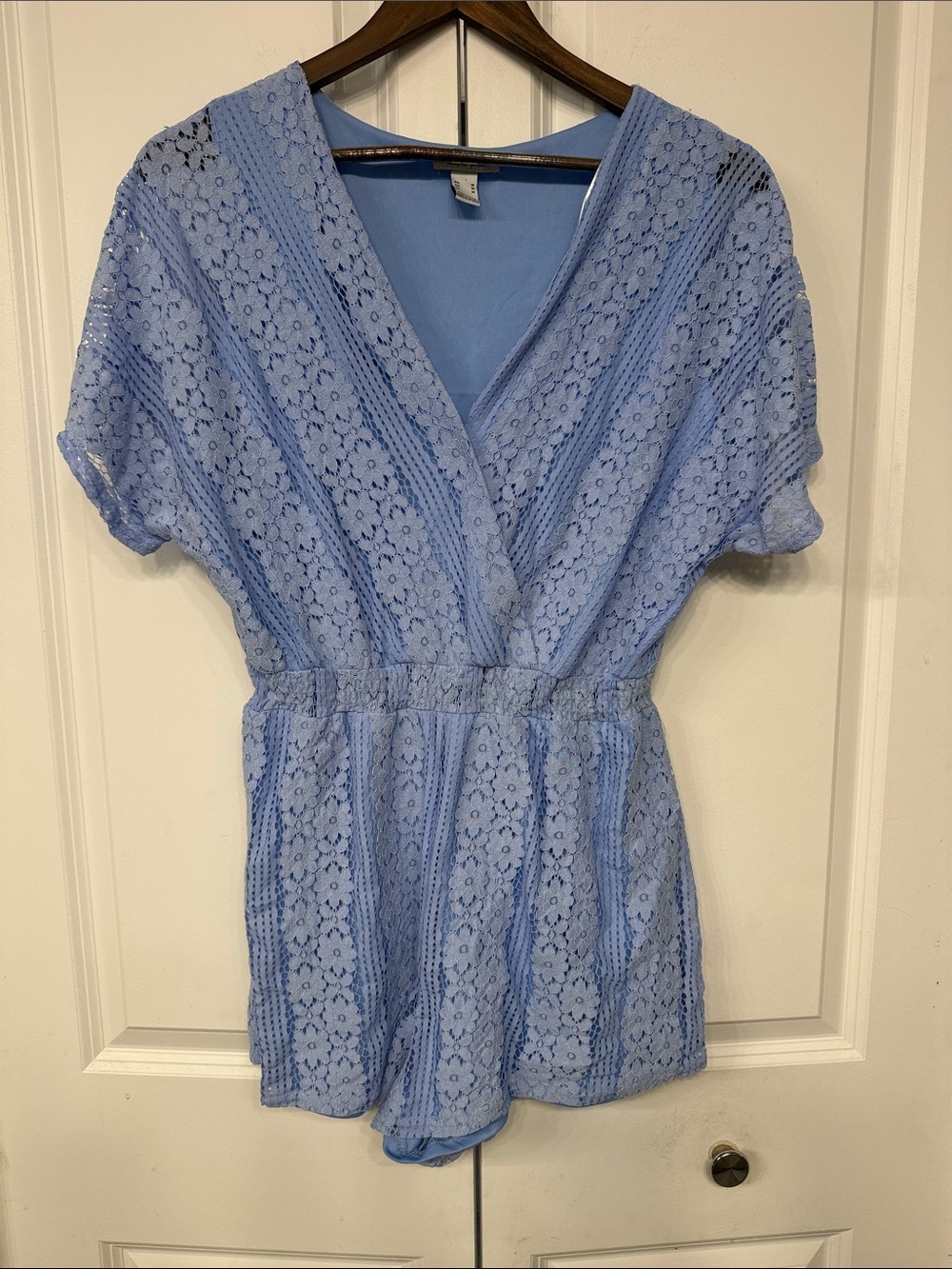 Revamped Light Blue Floral Lace V-Neck Romper